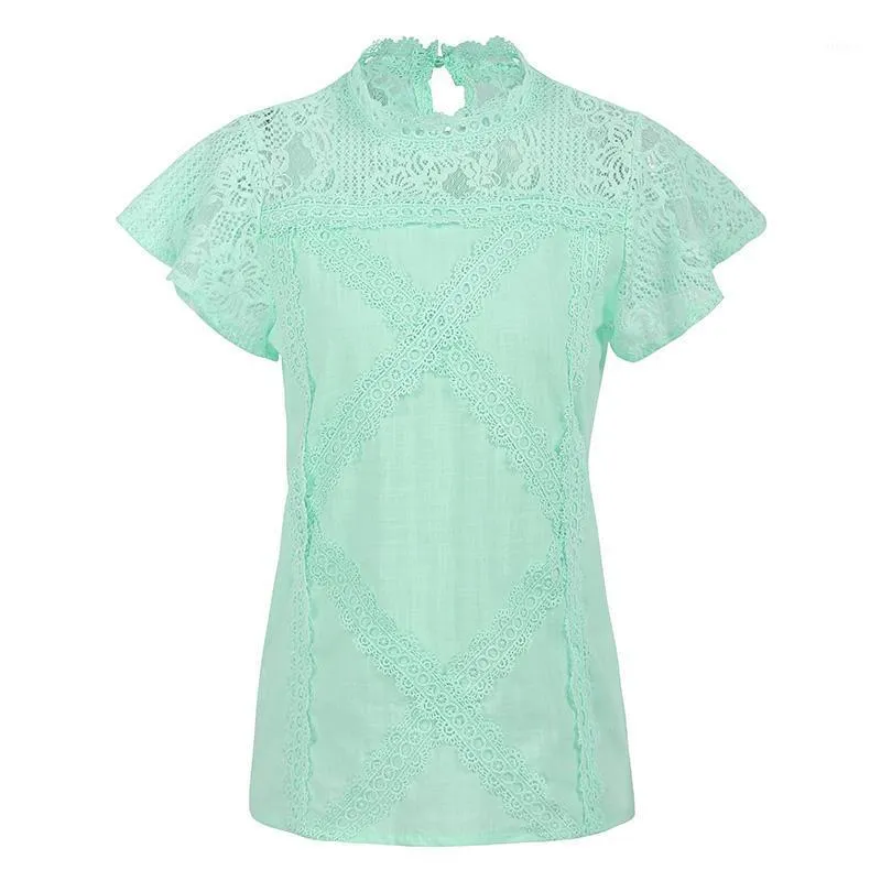 Women Blouse Solid Crochet Lace Splicing Geometric Pattern High Neck Short Sleeve Blusar Eleganta Plus Storlek Toppar Kvinnors Skjortor