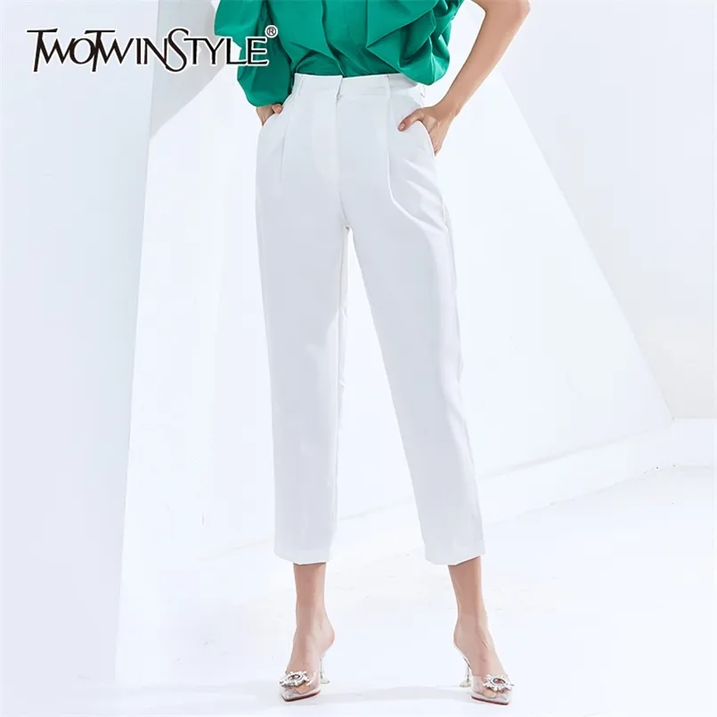 Pantalon blanc longueur cheville pour femmes taille haute poches fermetures à glissière décontracté sarouel femme automne vêtements 210521