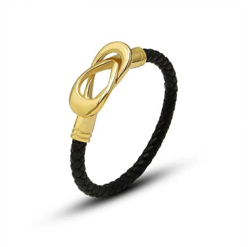 New Fashion Gold Color Oval Magnet Buckle Black Pu Leather Rope Bangle Bracciale in acciaio al titanio di alta qualità per gioielli da donna Q0717