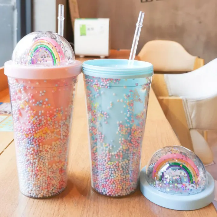 DHL 450ML Cute Rainbow tumbler Mugs Cup Double Plastic with Straws PET Material for Kids Adult Girlfirend Gift fy4479