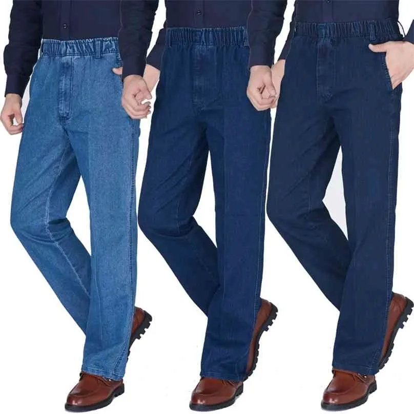 Thin Men Jeans Elastic Waist Deep Middle-aged Men's Pants Loose Denim High Fabric Spring and Summer 210716