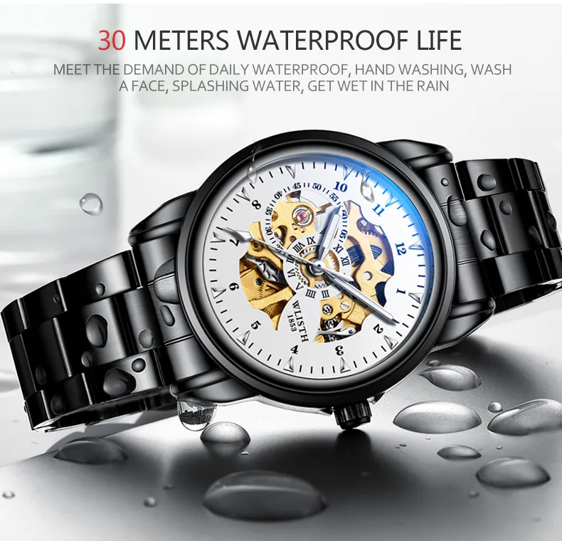 Calendário de negócios clássico masculino relógios homens luxo azul de aço inoxidável malha automática movimento relógios de pulso