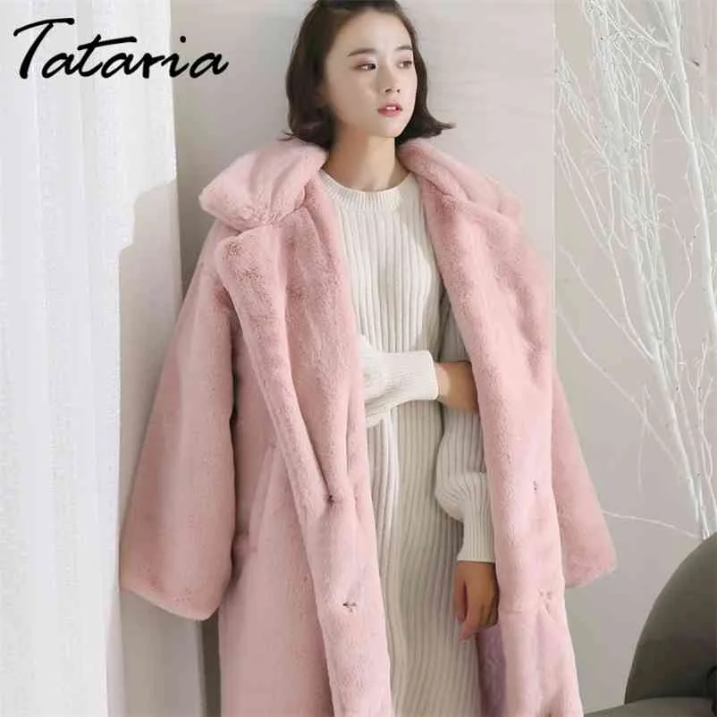 Tataria Winter Women Elegant Faux Rabbit Fur Coat for Long Loose Lapel Over Thick Warm Female Plush s 210514