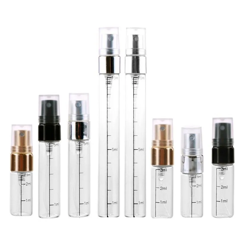 Empty Transparent Glass Perfume Scale Bottle Gold Silver Black Spray Pump Clear Lid Cosmetic Packaging 2.5ML 3ML 5ML 10ML 50pcs
