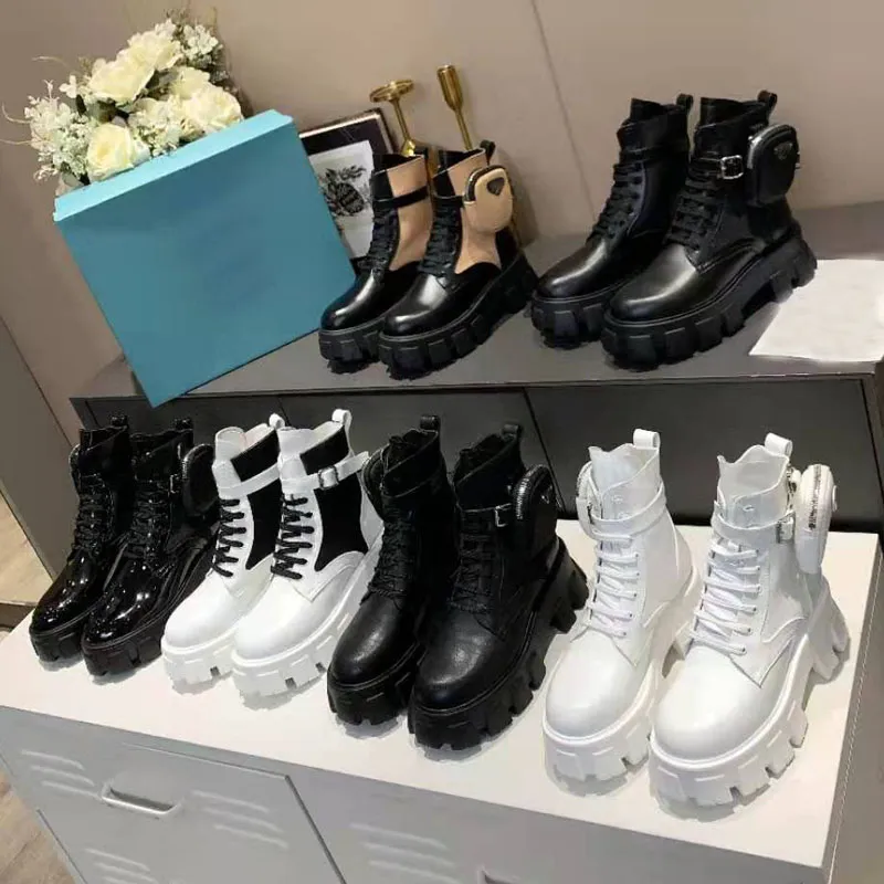 High quality womens famous shoes leather Martin boots round head high heel thick heels womens shoes lace up thick bottom pocket boots zipper womens short boots