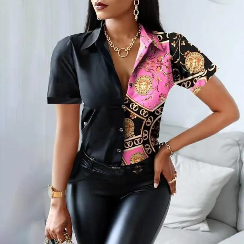 Women's Blouses & Shirts Woman Casual Office Print Summer Fashion Button Short Sleeve White Shirt Elegant Patchwork Slim Tops Women 2022