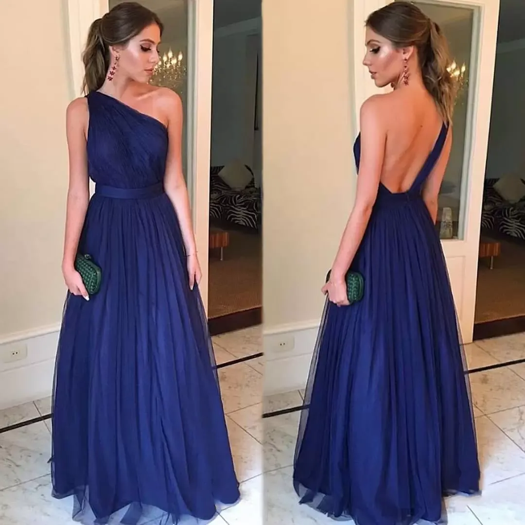 A dama de honra azul da Marinha veste uma linha um ombro de chiffon comprimento de tamanho mais tamanho personalizado feito da dama de honra praia vestido de casamento formal noite vestidos 403 403