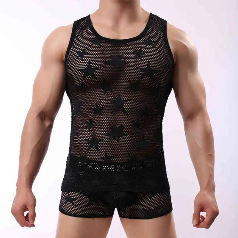 Star Mesh Top Hommes Sexy Voir à travers l'entraînement Gym Vêtements Sans manches Hommes Hommes Sports Fitness Mâle Sportswear Débardeurs 210524