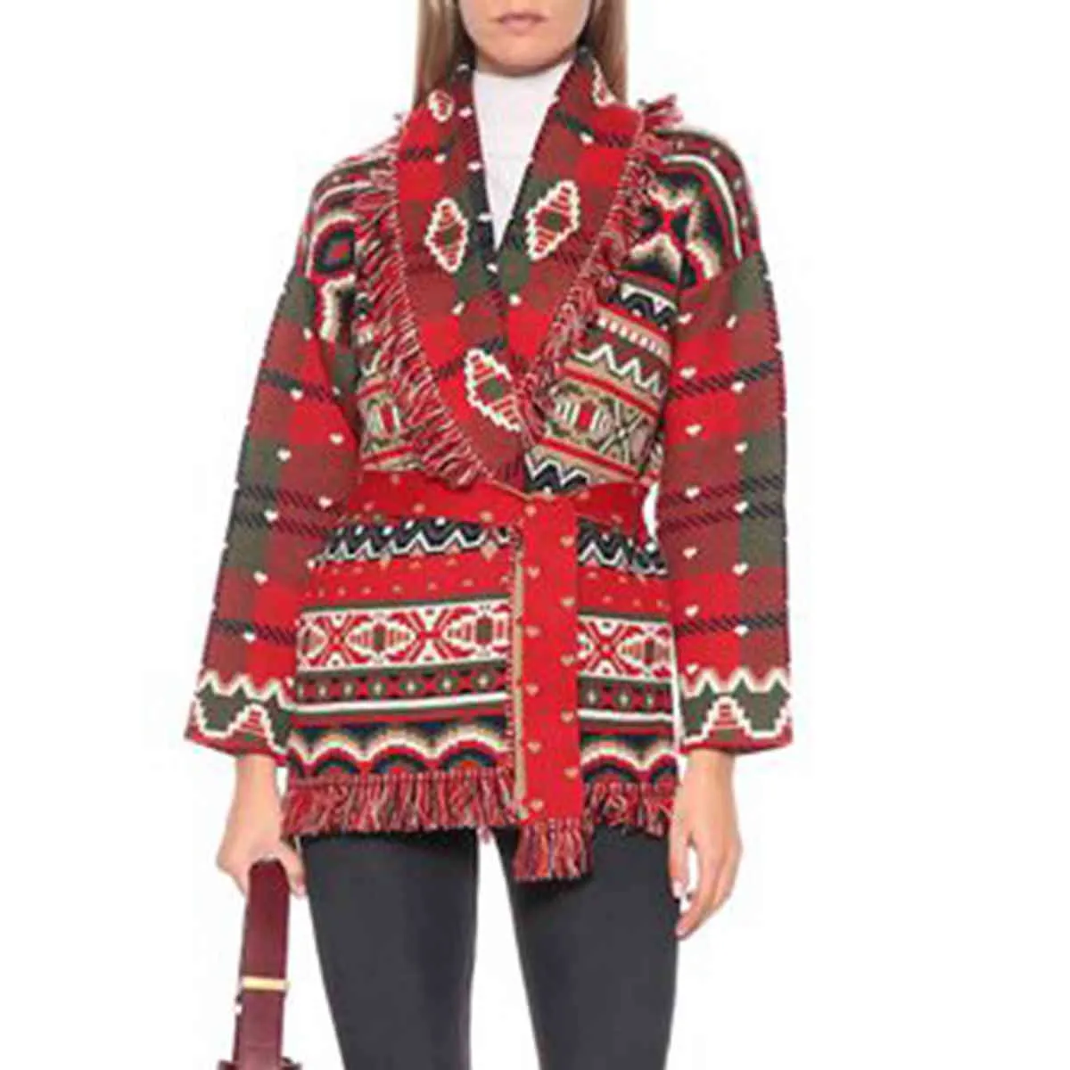 Jastie Mulheres Cardigan Cashmere Jacquard Camisola de Natal Retro Fringed Trims Manga Comprida Roupas de Inverno Mulheres Suéteres 210419