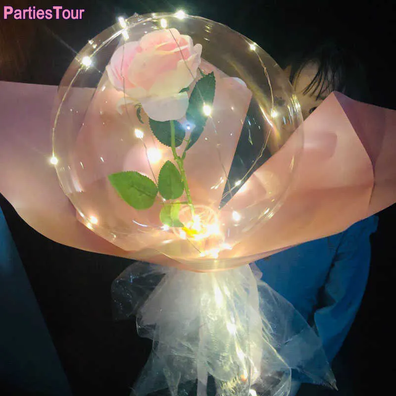 LED Işıklı Balon Gül Buketi Şeffaf Bobo Balon Sevgililer Günü Hediyesi Glow Parti Doğum Günü Düğün Dekor Balon Y0622