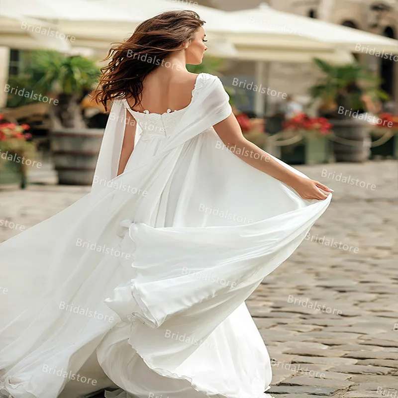 Rustic Boho Boho Lace Wedding Dress With Caped Sleeves And Square