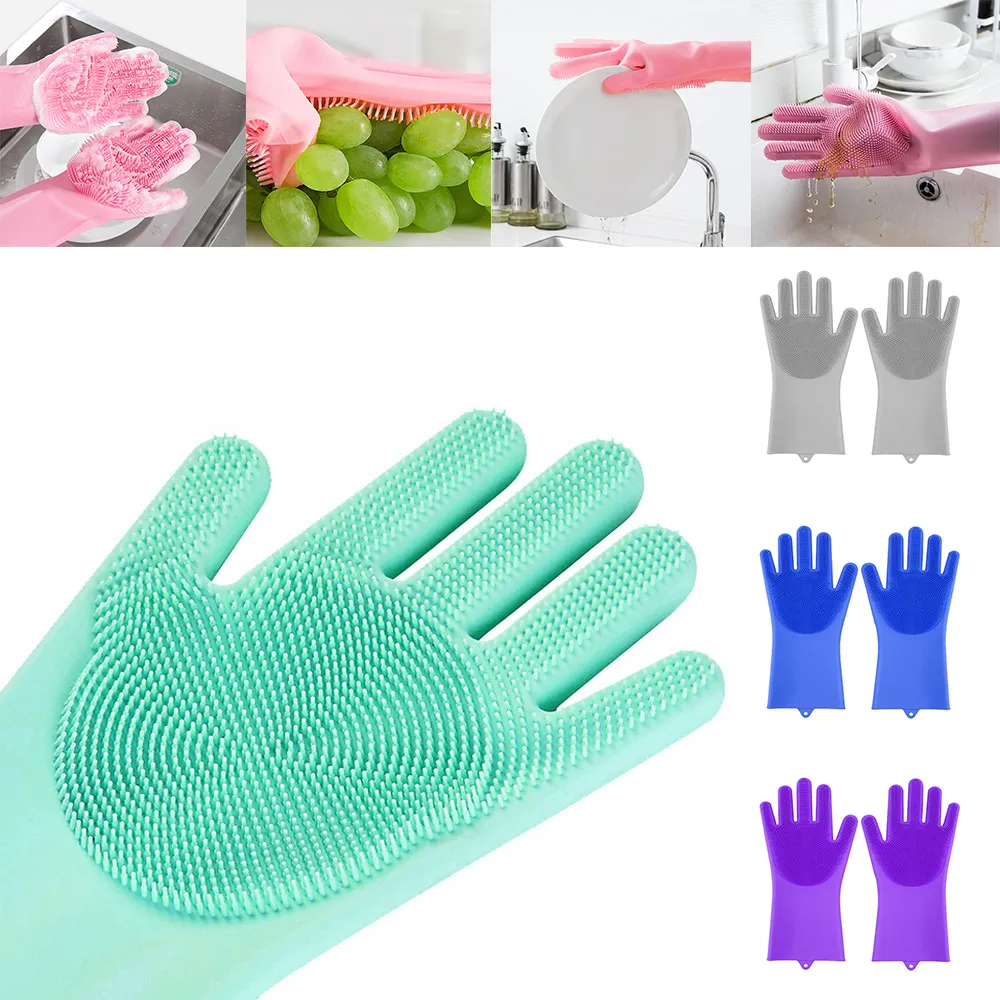 Siliconenhandschoenen met Borstel Herbruikbare Veiligheid Siliconen Schotel Washandschoen Hittebestendige Mitten Keuken Schoonmaakgereedschap W-00856