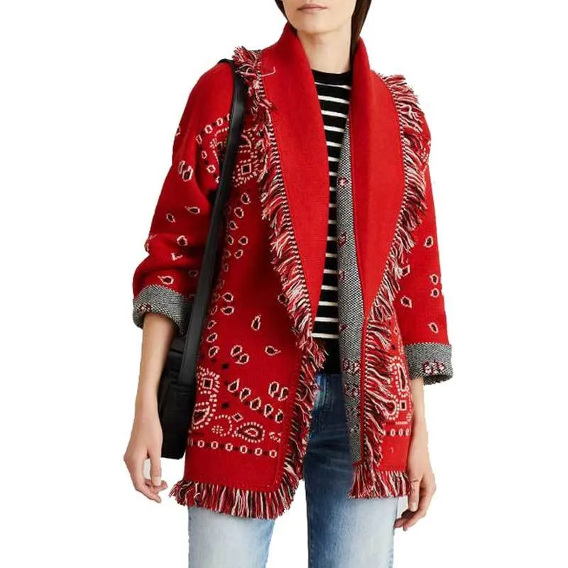 Inspired Fringed cashmere cardigan in red fashion jacquard cardigan Oversized silhouette long sleeve winter cardigan coat 210412