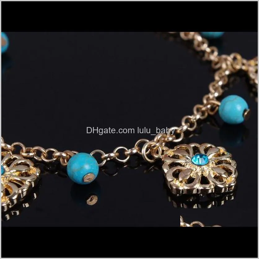 europe and the united states bohemian style turquoise beads inlaid rhinestones tassel combination of anklet