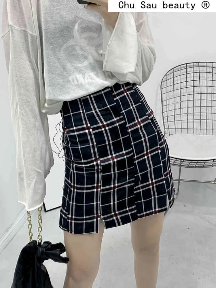 Chu Sau Beauty Office Lady High Taille Plaid Imprimer Mini Jupes Femmes Casual Chic Summer Wild Jupe Femmes Falda De Mujer 210508