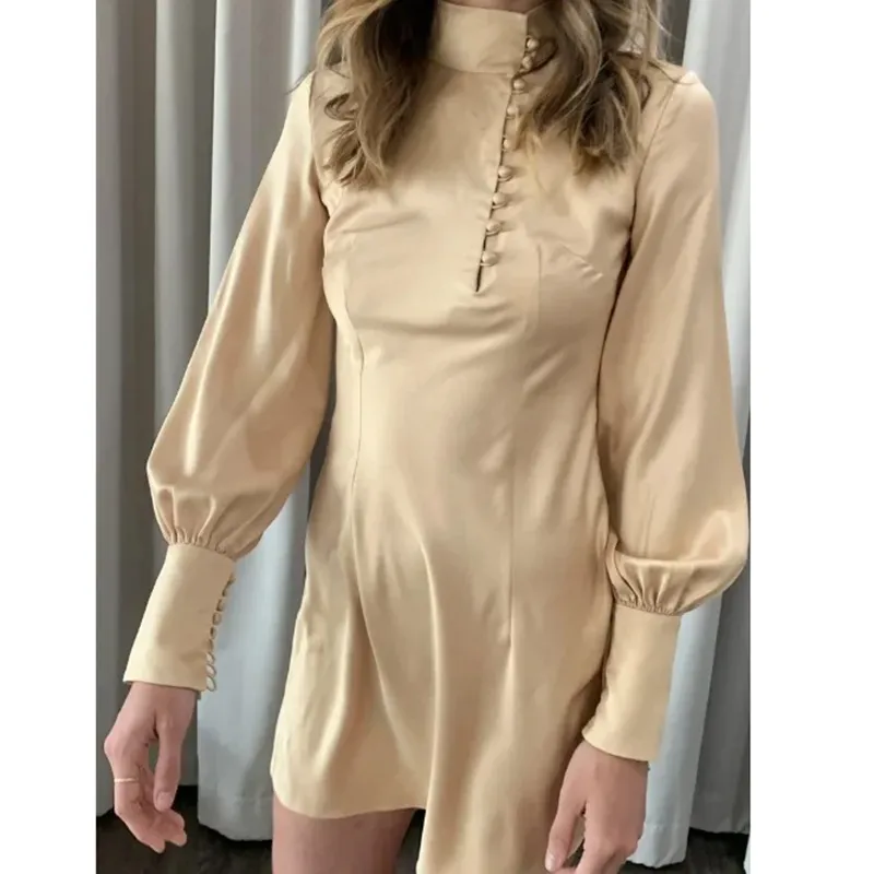 Höstkvinnor Satin Party Långärmad Guld Silk Mini Dress 210415