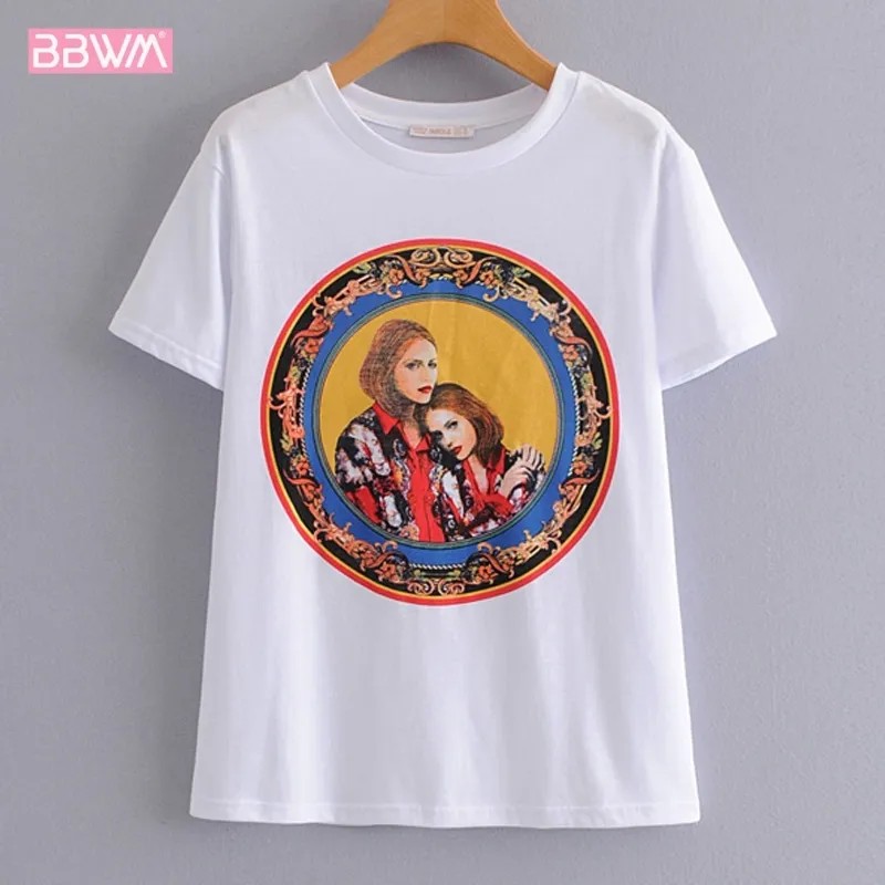 White loose short-sleeved t-shirt summer women's versatile tops Korean casual cartoon beauty pattern Female T-shirt 210507