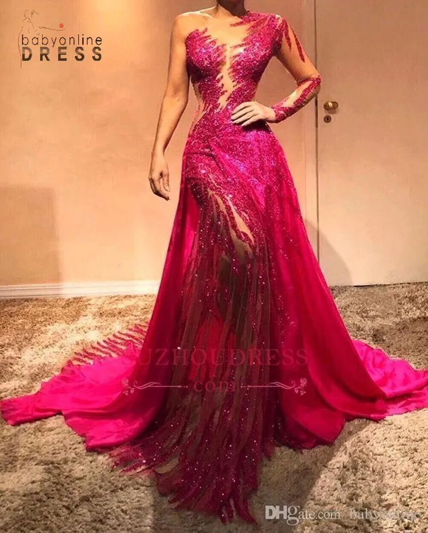 Glitter Fuchsia Sequin Evening Prom Dresses One Shoulder Mermaid Sparkly Long Sleeves Formal Evening Celebrity Elegant Gowns bc0504