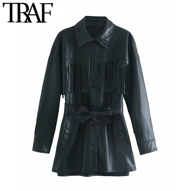 Women Fashion With Belt Tassel Faux Leather Loose Jacket Coat Vintage Long Sleeve Pocket Female Outerwear Chic Top 210507