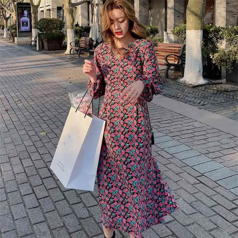 Primavera Flor Estampado O-cuello Midi Vestidos Coreano Elegante Moda Cintura delgada Vestido de fiesta de manga larga Robe Femme Vestidos 210519