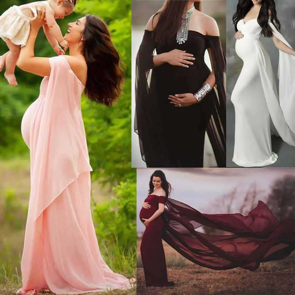 Robe de maternité Vêtements pour femmes enceintes Robe de châle en mousseline de mousseline de mousseline de maternité Photographie de la photographie de la maison élégante maxi robe de grossesse Q0713