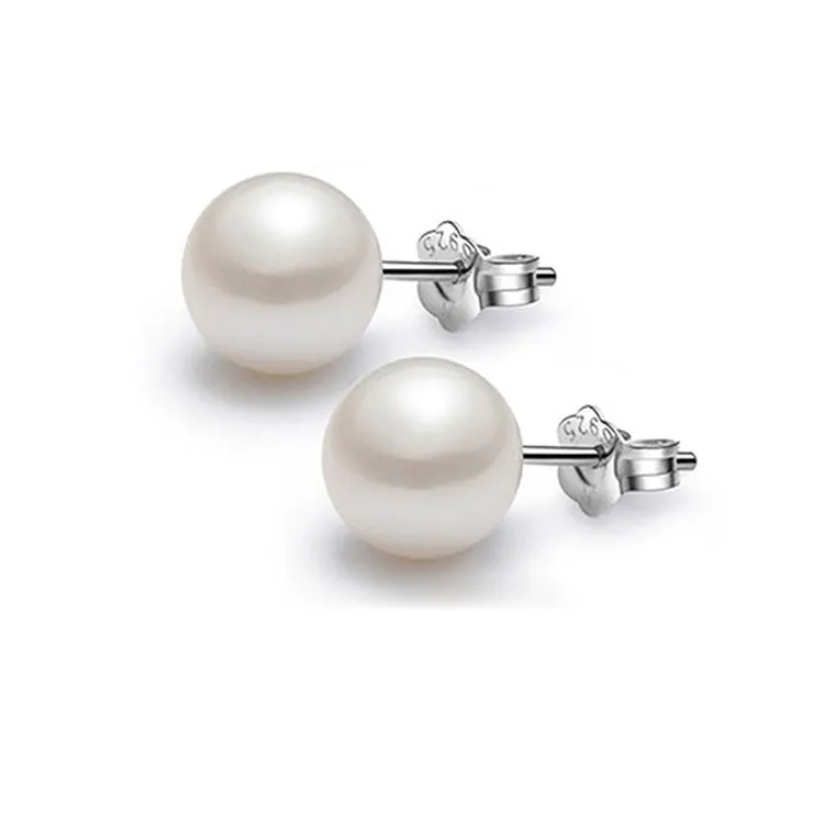 6mm Round Sterling Silver Shell Pearl Earrings Stud for Women Platinum Plated Pearls Jewelry Female