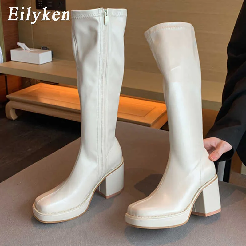 Bottes Eilyken Sexy Platform Square Toe Casual Knee-High Boots Chunky High Heels Winter Femme Femmes Bottes de moto blanche Taille 35-39G221111111