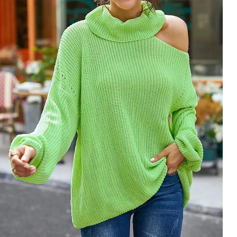 Autumn Winter Women Turtleneck Sweater Knitted Pullovers Oversized Streetwear Loose Off Shoulder Sweaters Jumper 210415