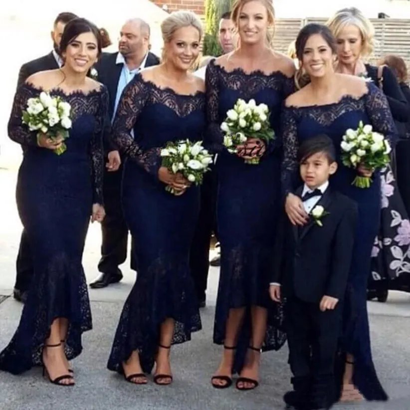 Vintage Lace Navy Blue Mermaid Bridesmaid Dresses Off the Shoulder Tea Length 2021 Custom Made Plus Size Long Sleeves Maid of Honor Gown