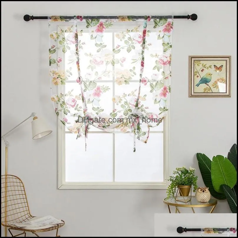 Curtain & Drapes Rod Pocket Peony Floral Semi Sheer Bowknot Tie-Up For Kitchen Window Balloon Roman