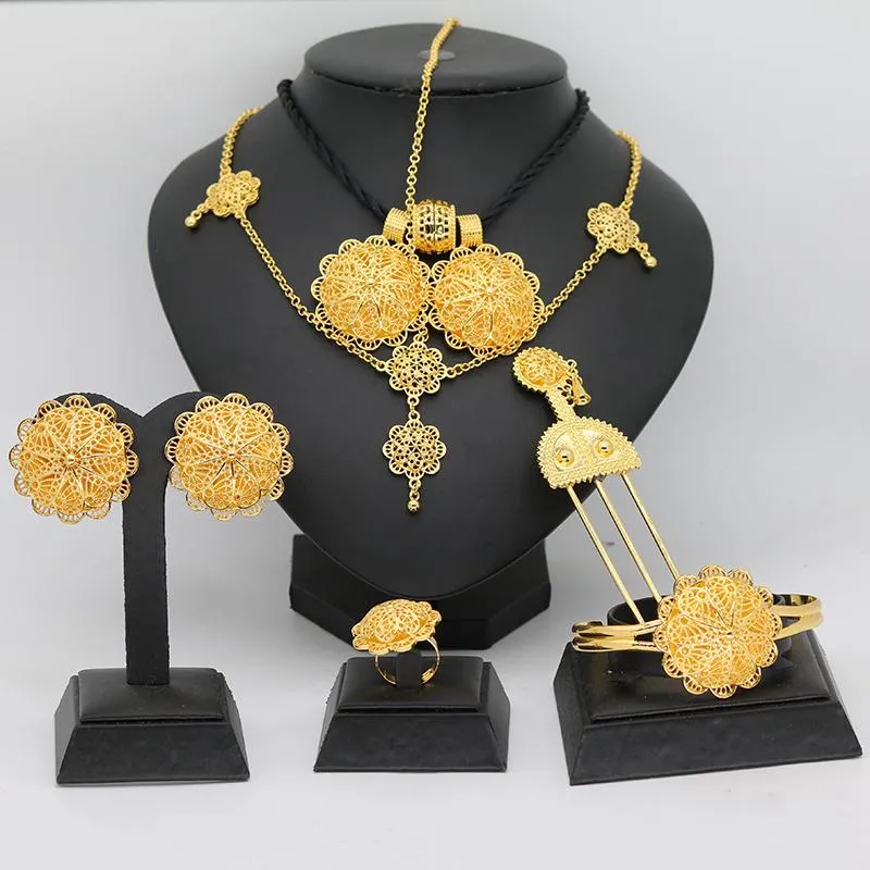 Oorbellen ketting 6pc 24k gouden Ethiopische sieradensets voor vrouwen Dubai Habesha met haarspeldhoofdketen Afrikaanse bruidshuwelijksgeschenkkleding