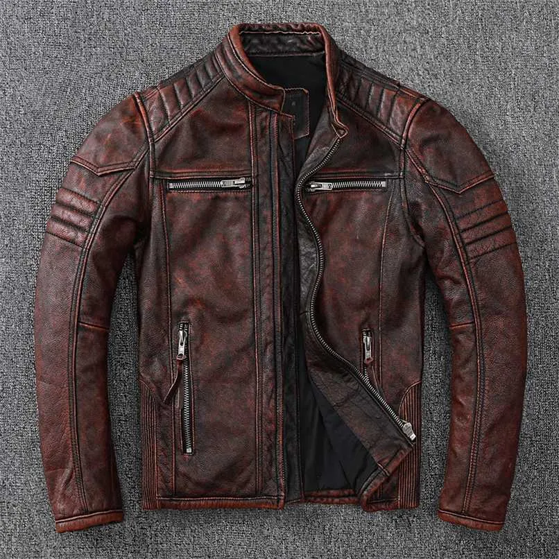 Vestes de moto vintage Hommes Veste en cuir 100% Véritable Manteau en cuir de vachette Homme Biker Vêtements Automne Taille asiatique S-4XL M696 211111