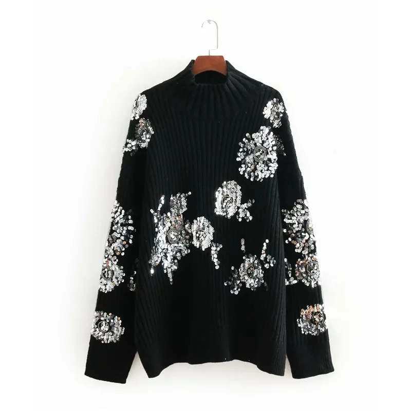 Eleganta kvinnor Sequined Floral Sweater Fashion Ladies Black Stickade Toppar Streetwear Kvinna Turtleneck Pullover Chic Girl 210427