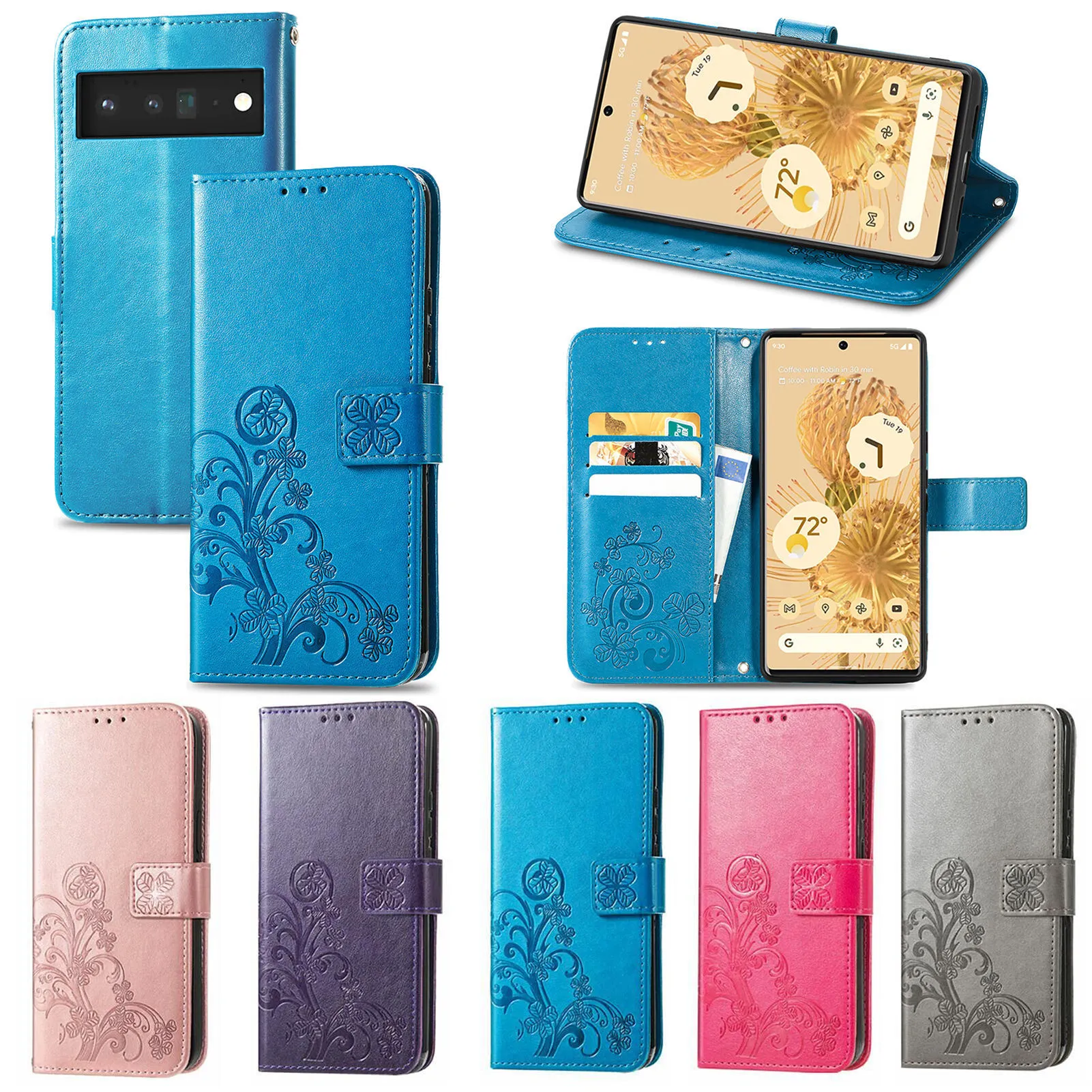 Imprint Clover Wallet Cases With Card Slot For Google Pixel 6 Pro 5 XL 5A 4 4A One Plus 8 8T 9 9R 9RT Nord N10 5G N100 Sony Xperia 1 5 II 10 III Flower Lace Embossing