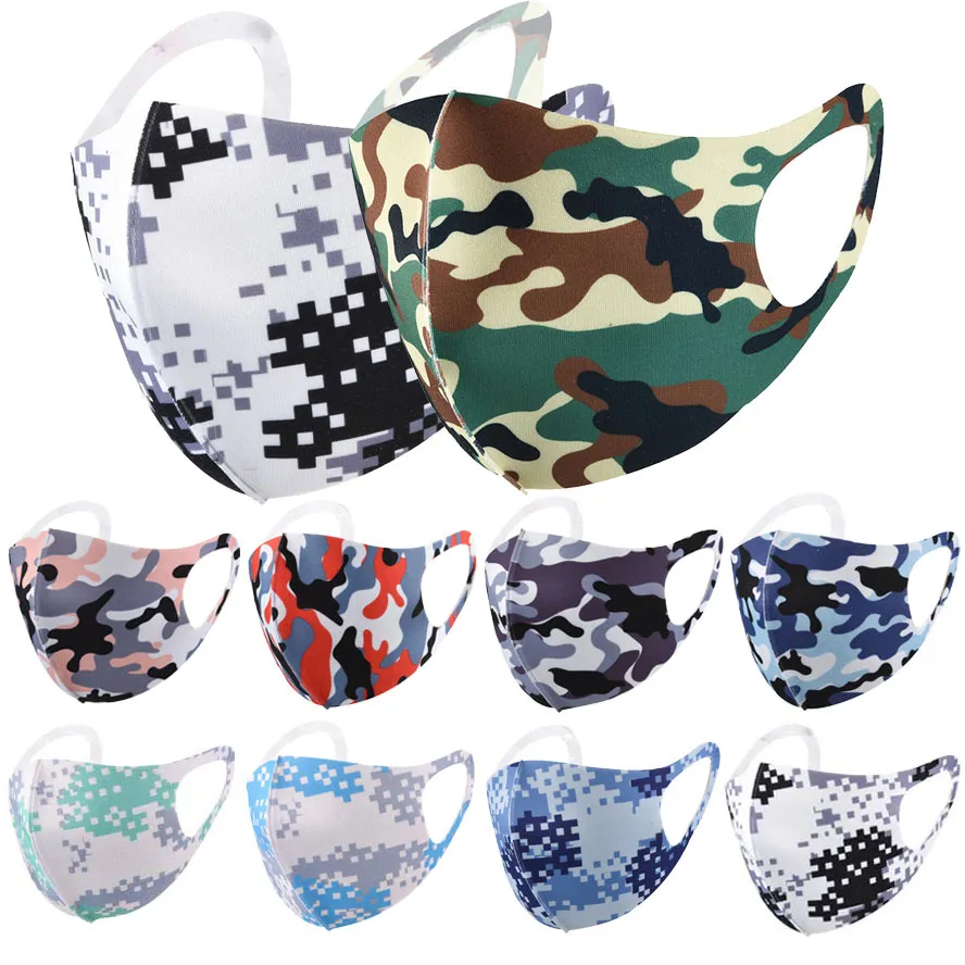 Camouflage Face Maska Dorosły Antybakteryjny Camo Ice Silk Maski PM2.5 Respirator Dustoodporny Anti Dust Wymagalny wielokrotnego wielokrotnego użytku z pakietem