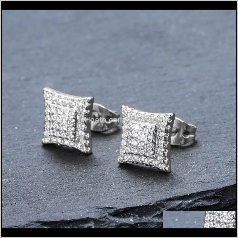 hip hop stud earring gold plated copper golden micro pave cubic zircon square stud earring hot
