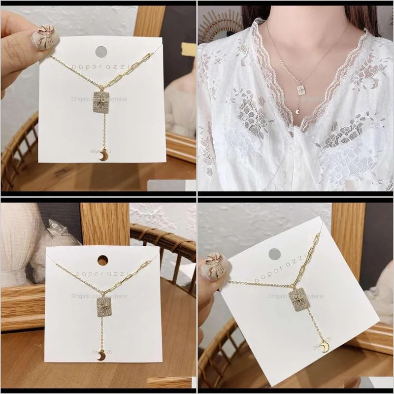 korean version ins net red mosaic 925 silver necklace micro inlaid with zircon square brand moon tassel pendant personalized sweater