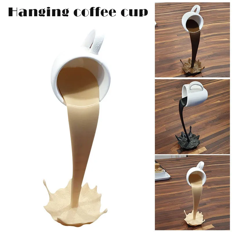 Floating Spilling Coffee Cup Sculpture Kitchen Decor Spilling Magic Pouring Splash Decorate Y0412