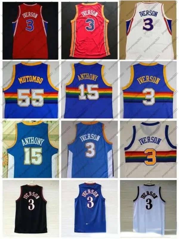 # 55 Dikembe Mutombo Maillots Pas Cher # 3 Allen Iverson Jersey # 15 Carmelo Anthony Jersey Bleu Cousu Chemises Collège S-XXL