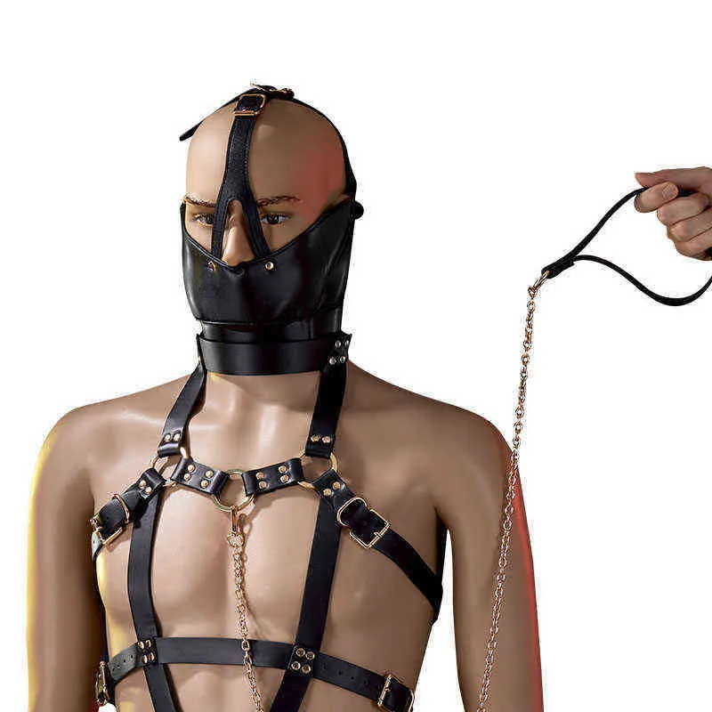 NXY SM Sex Adult Toy Male Slave Bondage Leather Set Adjustable Bdsm Chastity Clothes Cage Handcuffs Headgear Sexy Flirt Adults Games.1220