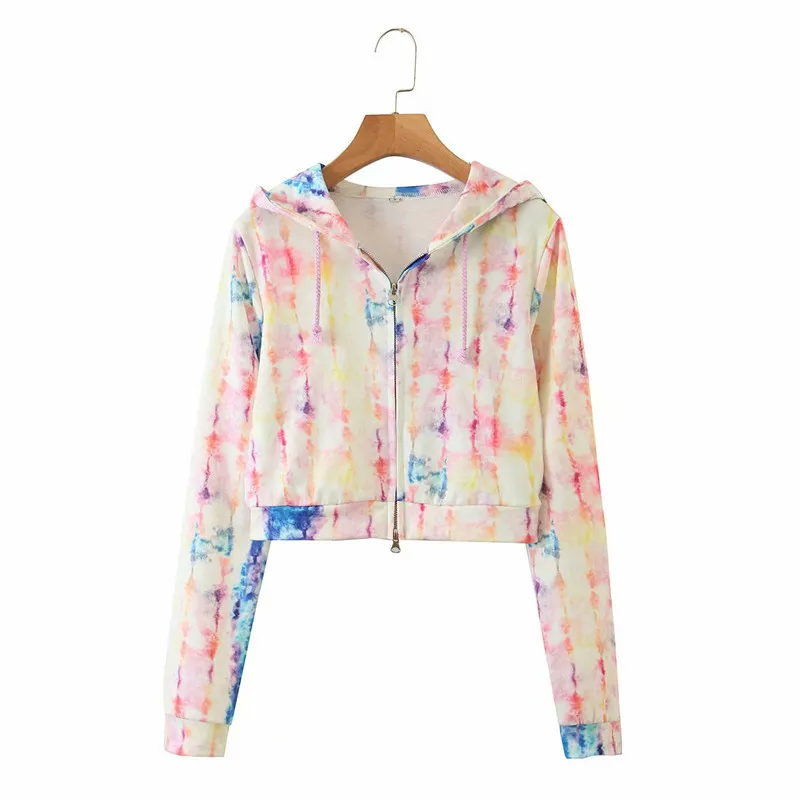 Kvinnor Mode Tie-Dye Skriv ut Harajuku Stil Sommar Hoodies Stilig Lady Långärmad Zipper Zip-Up Hooded Tjejdräkt Jogging Toppar 210421