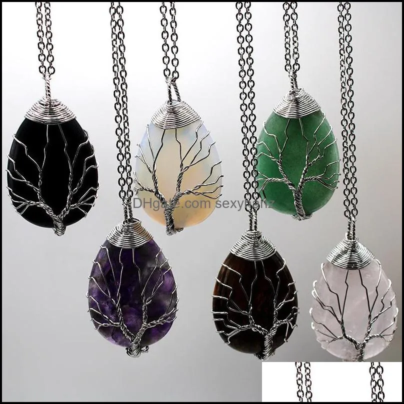 Wire Wrapped tree of life Chakra Teardrop Pendant Healing Crystal Energy Stone Quartz Necklaces Fashion Women Men Jewelry Wholesale