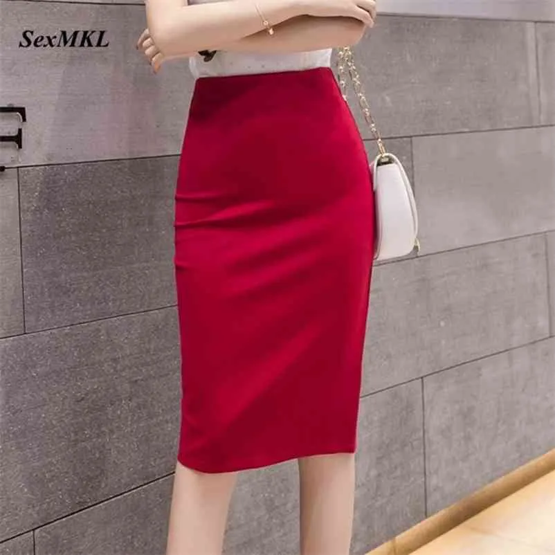プラスサイズの女性の黒いスカートファッション夏のハイウエスト鉛筆のボディコン韓国の服赤Midi Office 4xl 5xl 210621