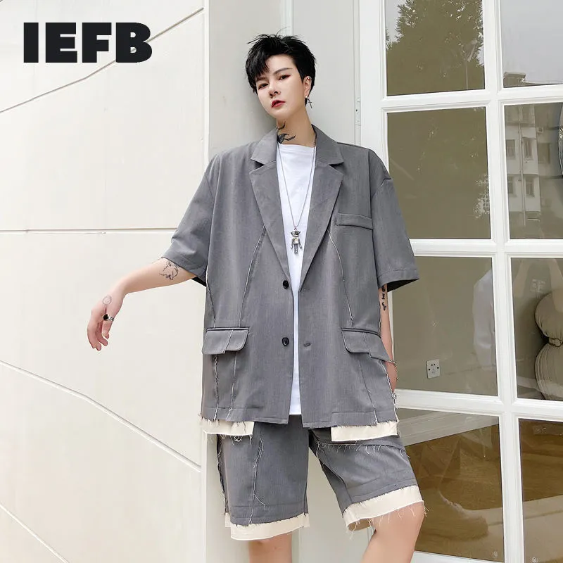 IEFB Man Jacket Elegante Verão Split Line Retalhamento Manga Curta Terno Casaco Homens Coreano Terno Masculino Blazer Outfit 9Y7727 210524