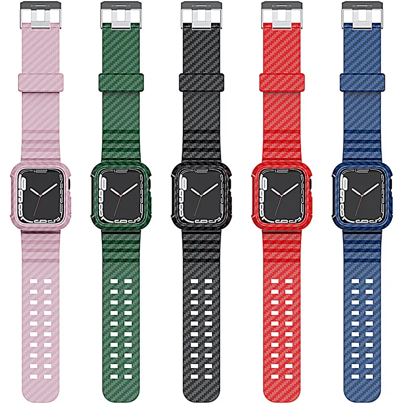 Caixa e alça de fibra de carbono para Apple Watch 45mm 44mm 42mm 40mm 38mm bandas esporte pulseira pulseira série iwatch se 7 6 5 4 3 relógio anti-caia à prova de choque