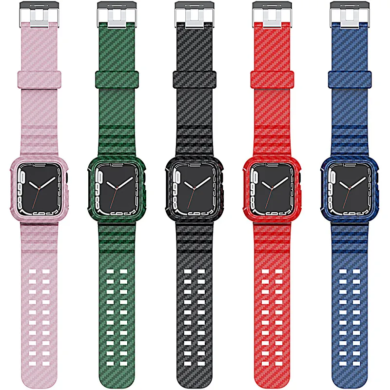 Kolfiberväska och rem för Apple Watch 45mm 44mm 42mm 40mm 38mm Band Sport Armbandsarmband Iwatch Series SE 7 6 5 4 3 Klockband Anti Fall Shocksäker