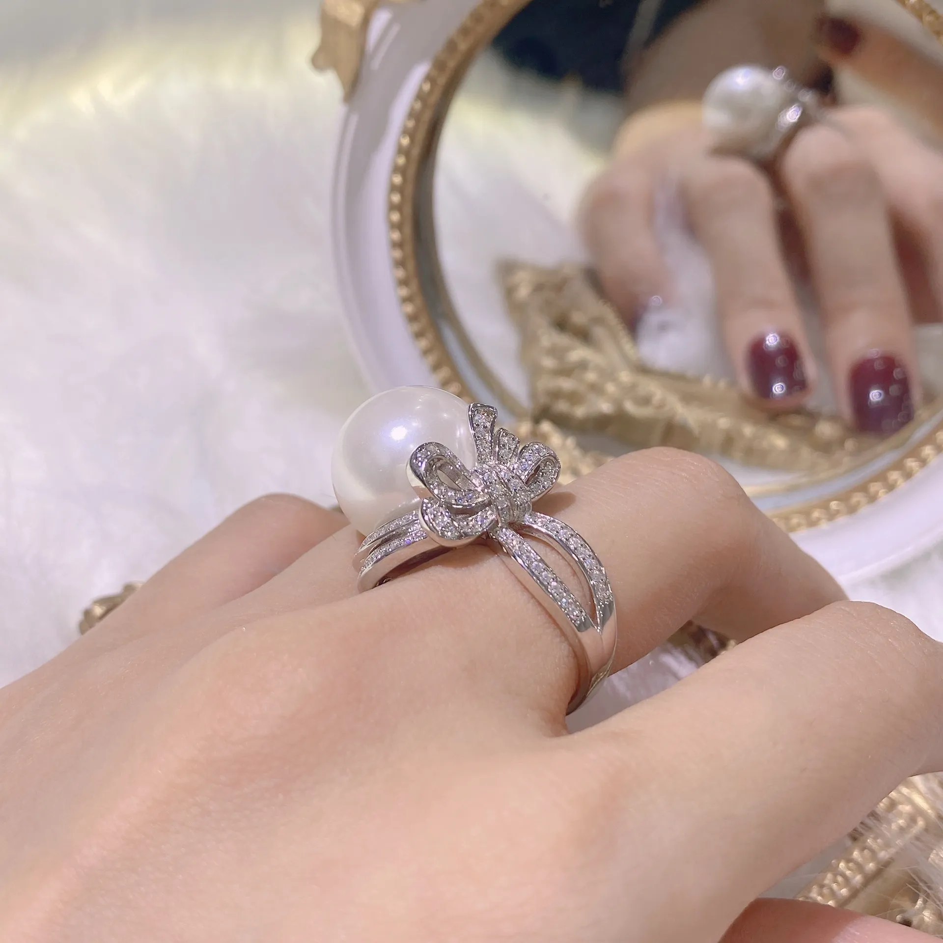 Elegante 16mm Pearl Diamond cz Anello 100% originale 925 sterling silver Anelli di fidanzamento per fedi nuziali per gioielli da donna