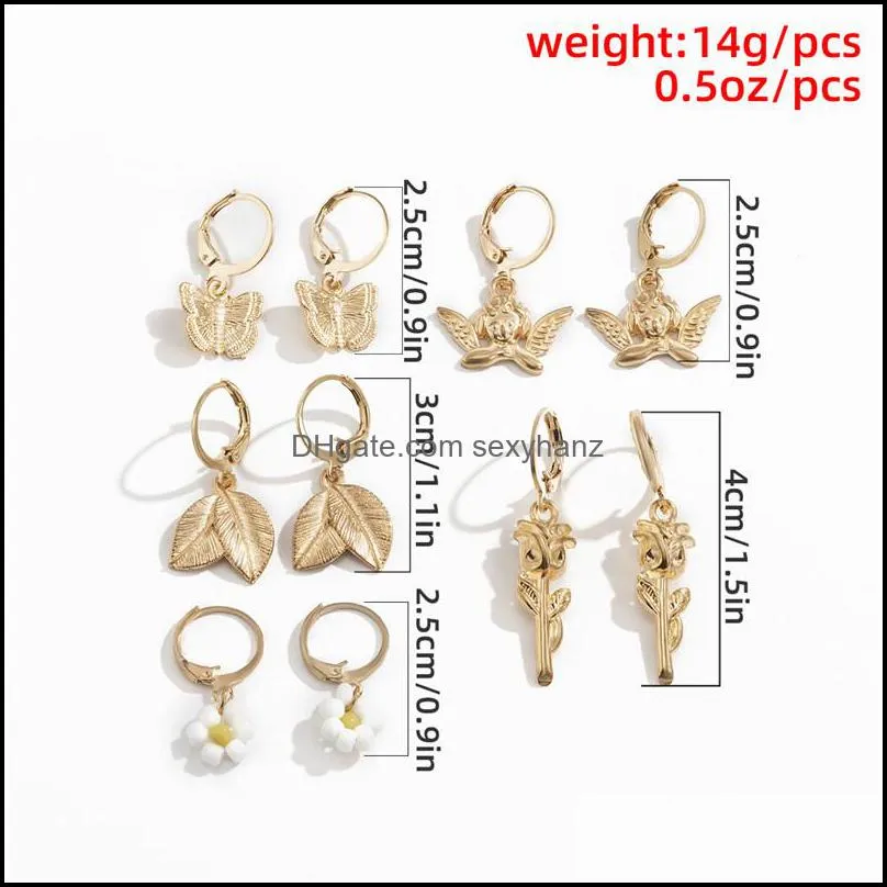Multi Element Flowers Butterfly Dangle Earring Buckle Rice Beads Leaves Angel Ear Drop Women 5 Pairs Animal Plant Gold Earrings Jewelry Sets