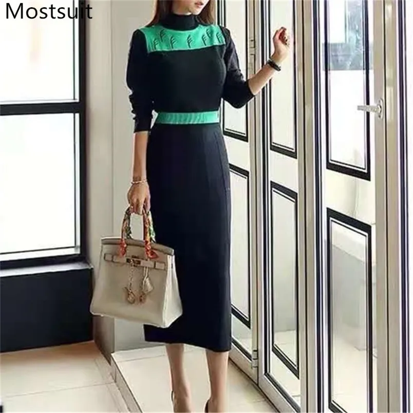 Abito lungo lavorato a maglia coreano elegante color block Donna Primavera Manica intera Colletto alla coreana Abiti a matita a vita sottile Vestido 210513