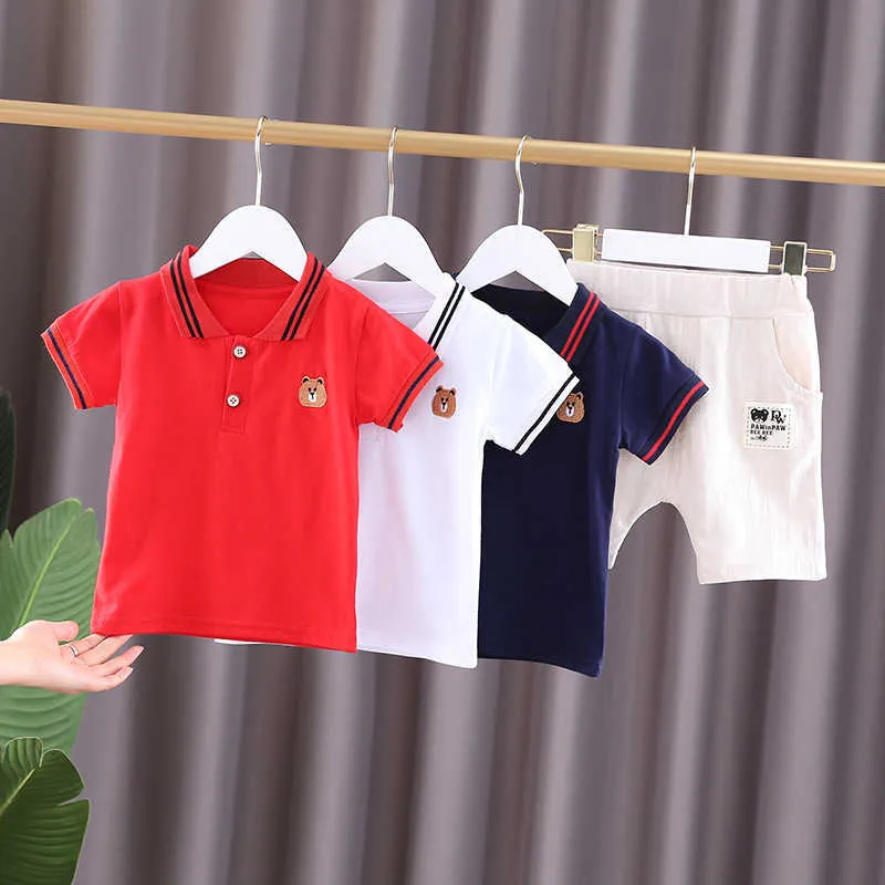 2021 Ny sommar Baby Boys Kläder Satser Infant Kids Cartoon Lapel Polo Shirt + Shorts 2st Passar Toddler Girls Casual Clothes G1023
